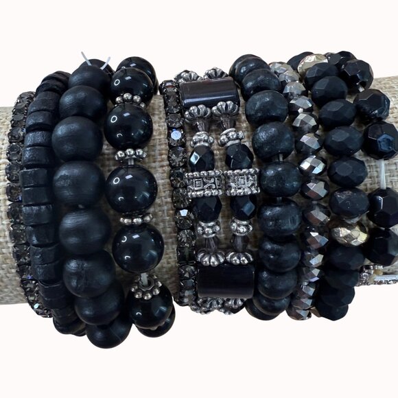 Black Beaded & Rhinestone Bracelet Stack Set Of 10 Stretchable For Wear Or Craft - Picture 3 of 10